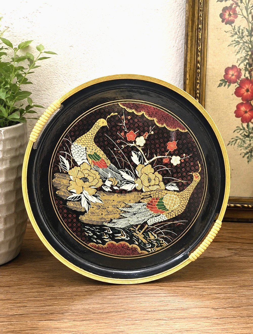 Vintage Asian Serving Tray Round Black Gold Pheasant Floral Design 12” Decorativ